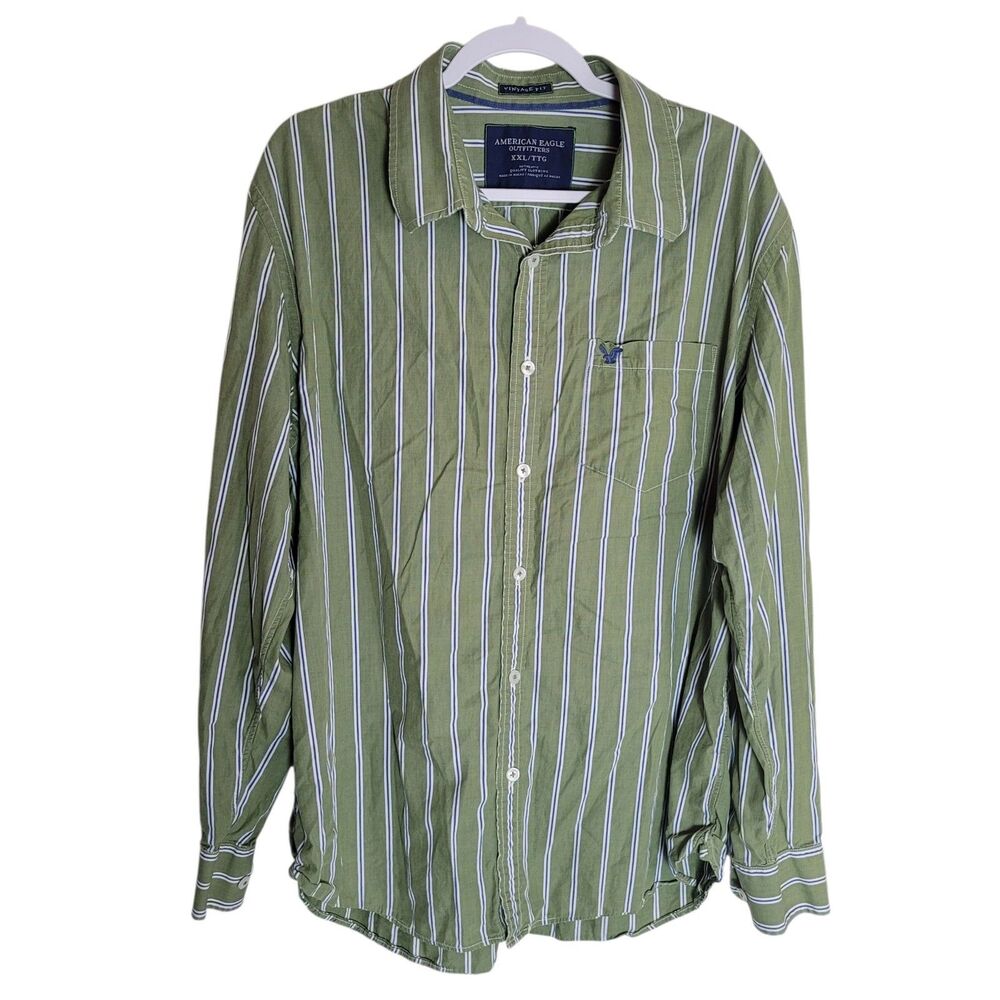 American Eagle Y2K Vintage Fit Button Up Shirt Men's XXL Green Striped Preppy